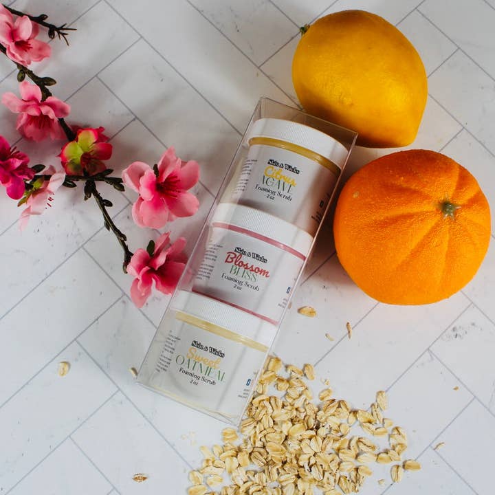 Foaming Scrub Sampler Pack: Citrus Agave, Blossom Bliss & Sweet Oatmeal for wholesale by Skin & Wicks