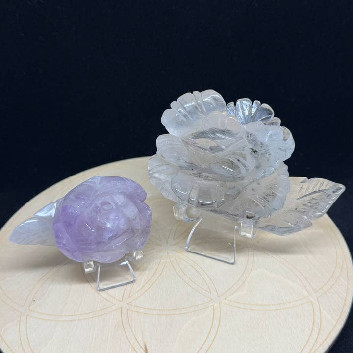 2 pc Lodolite amethyst rose flower carving F50R w/ stand for wholesale by The 7 Directions