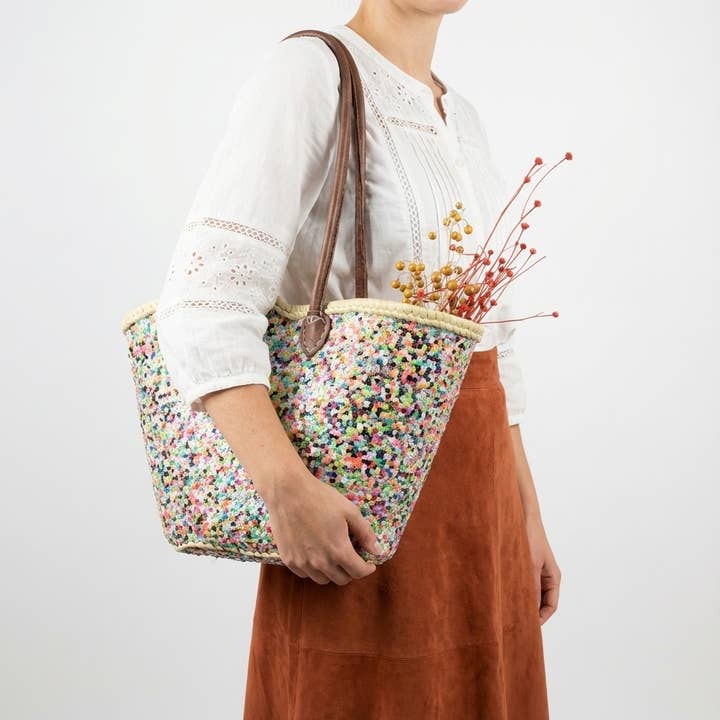 Melecraft – Saco de praia por atacado – Bolsa de palha com lantejoulas multicoloridas, cesta estilo mercado francês2
