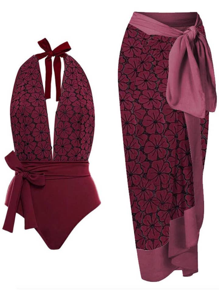 Flower Print Halter Swinwear with Cover SKSW40149 for wholesale by Sweetkama