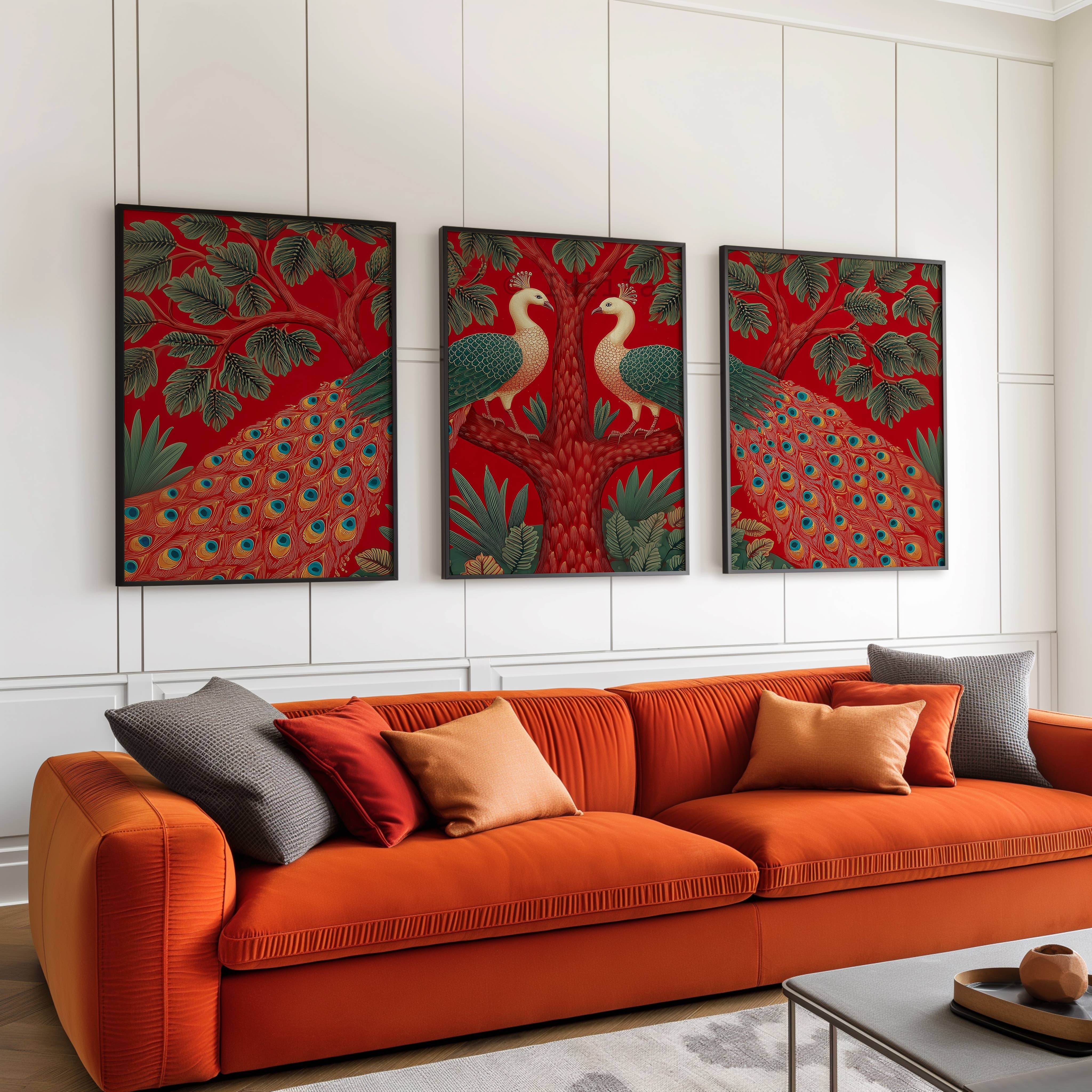 IuliiaArtPrints – wholesale Konsttryck – Indisk påfågelväggkonst – Röd triptyk Pichwai-stil fåglar3