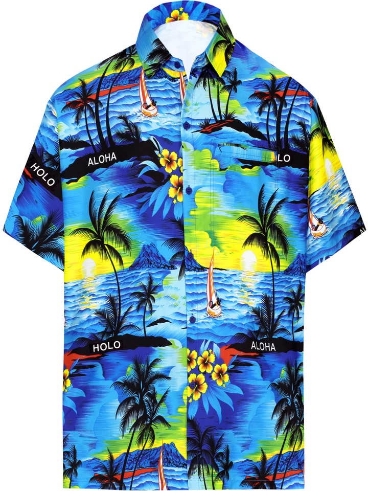 La Leela Men's Hawaiian Aloha Shirt Turquoise Beach P00013 for wholesale by LA LEELA \ HAPPY BAY