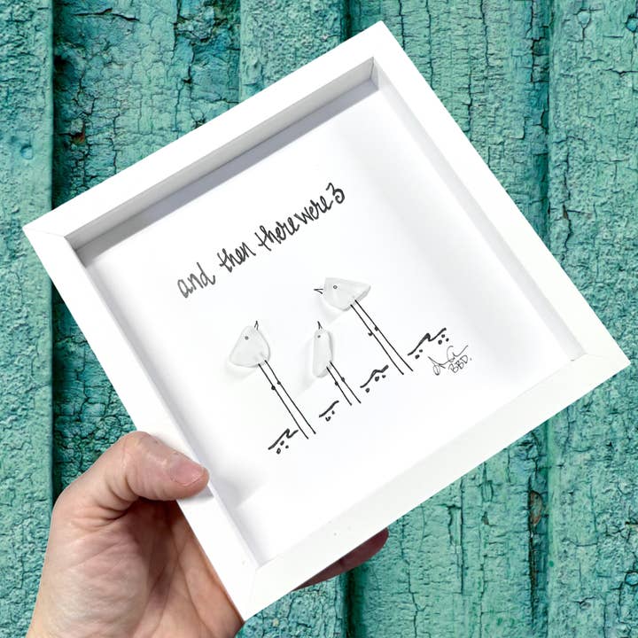 And then there were 3 MINI - Sea Glass Art - 6x6 Framed (new baby, first baby) for wholesale by Back Bay Designs