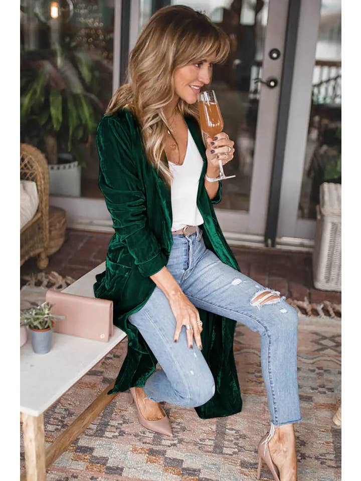 StyleGalX – Engroshandel Cardigan - Dame – elegant lang grøn fløjlsfrakke