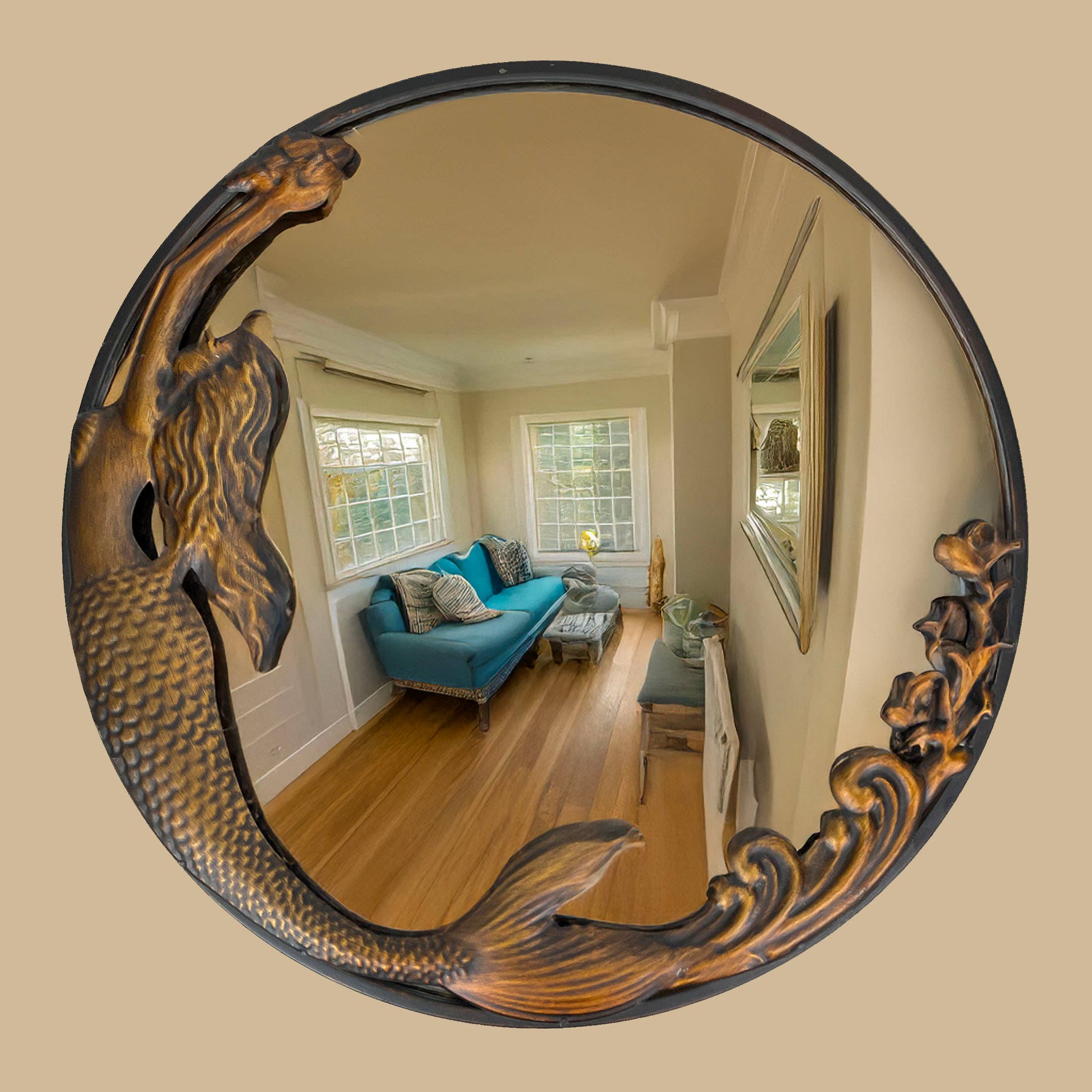 Zeckos - Vente Miroir mural - Miroir mural en forme de sirène au fini bronze — 20 pouces de diamètre8