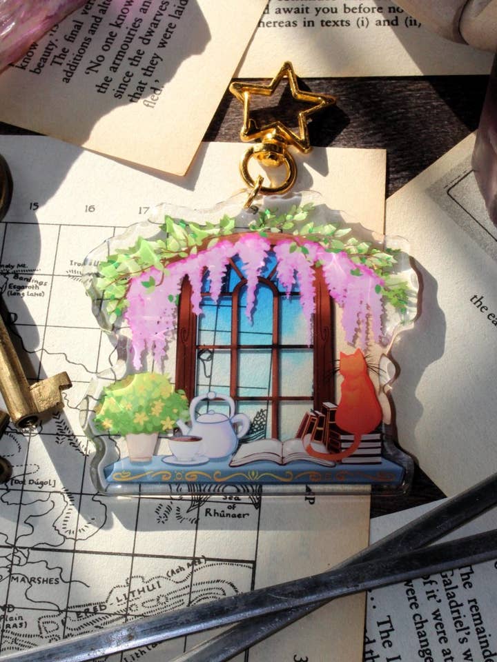 historical romance reader window acrylic stained glass keychain for wholesale by Geek and Artsy