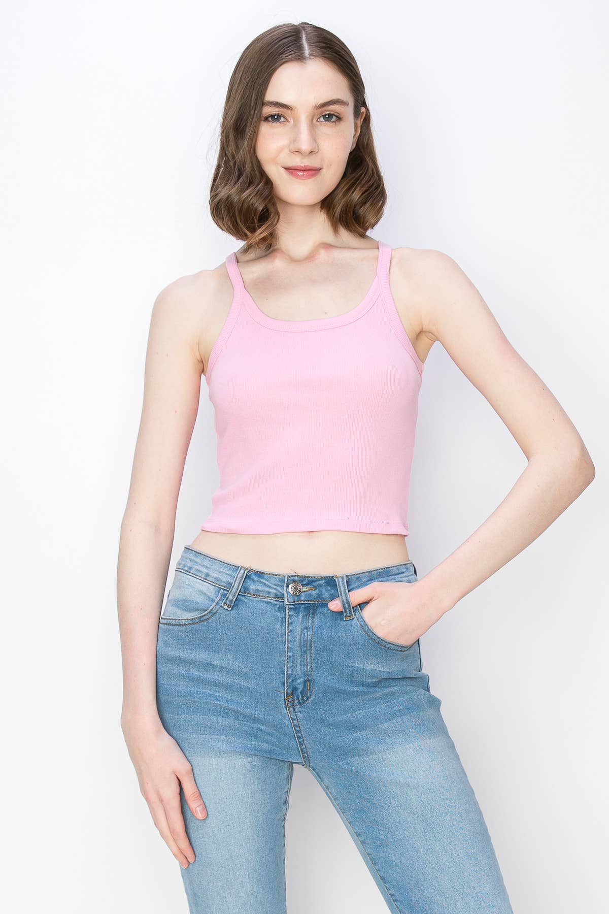 Color 5 - Vente Débardeur – femme - Débardeur spaghetti court en coton côtelé et élasthanne de couleur unie16