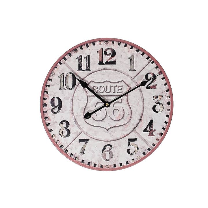 Blanco Reloj de pared redondo de metal con estampado Route 66 de 14 pulgadas de diámetro de venta al por mayor en Faire