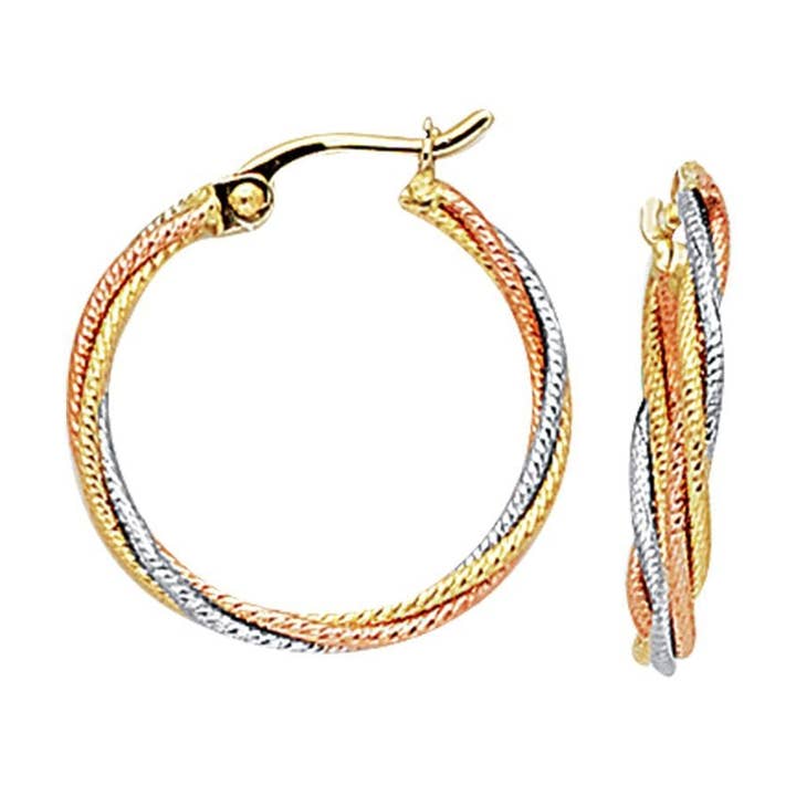 Boucles d'oreilles créoles torsadées en or jaune, rose et blanc 10 ct avec fermoir à charnière pour la vente par The Diamond Deal