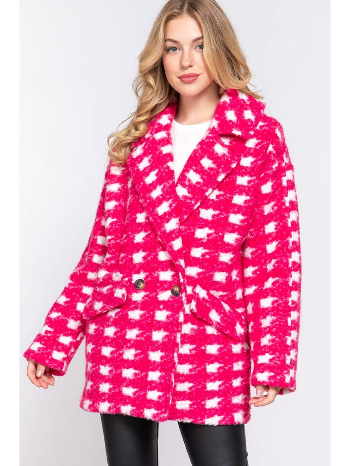 Active Basic | Active USA - Wholesale Coat - Women's - Long Sleeve Double Breasted Check Print Boucle Fleece Coat