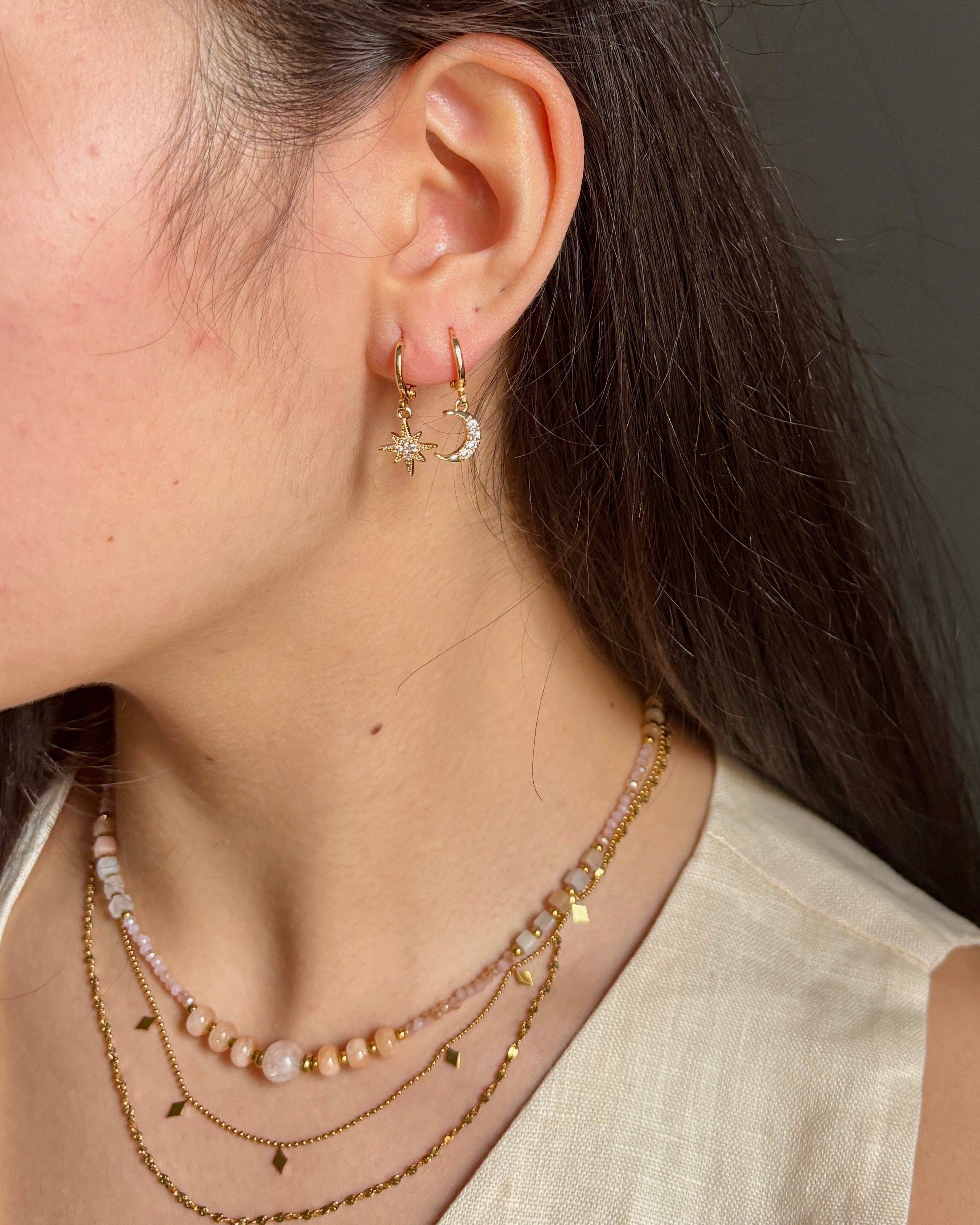 Ocean Ripples - Wholesale Huggie Earrings - 14ct Gold Plated Mismatched Cubic Zirconia Star And Moon Huggie Earrings2