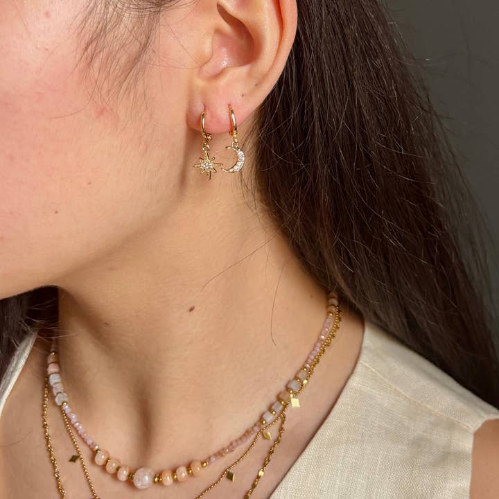 Ocean Ripples - Wholesale Huggie Earrings - 14ct Gold Plated Mismatched Cubic Zirconia Star And Moon Huggie Earrings2