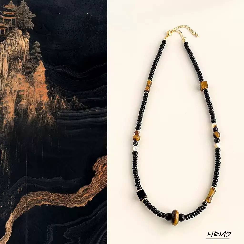 Otterware - Venta al por mayor Collares de cuentas/perlas - Collar de cuentas Wukong negro: obsidiana, ojo de tigre y liuli0