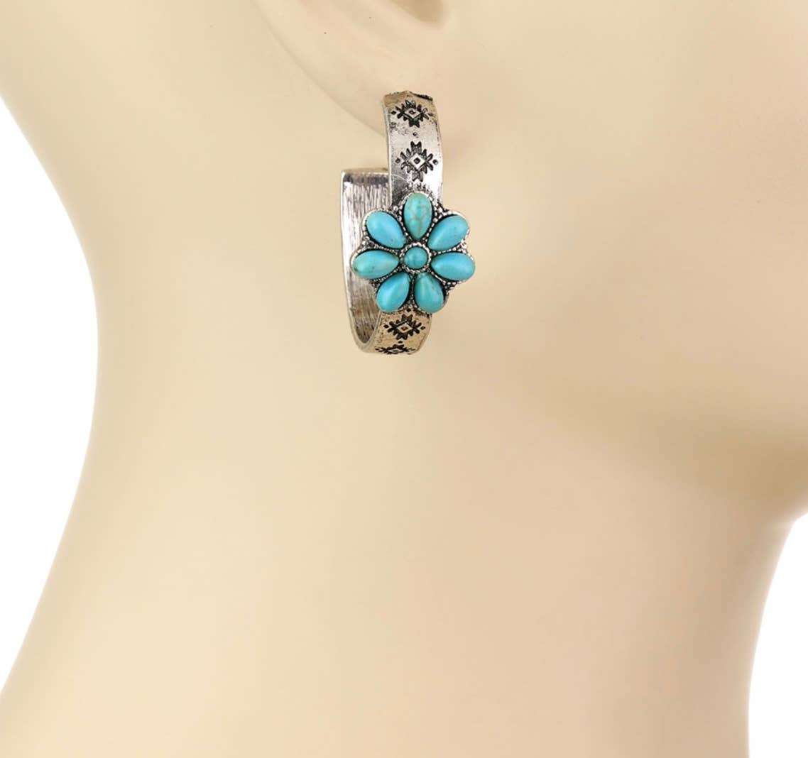 Boho Ranch Shop – wholesale Hoop earrings – Western semi stone hoops - aztec flower cactus studs2