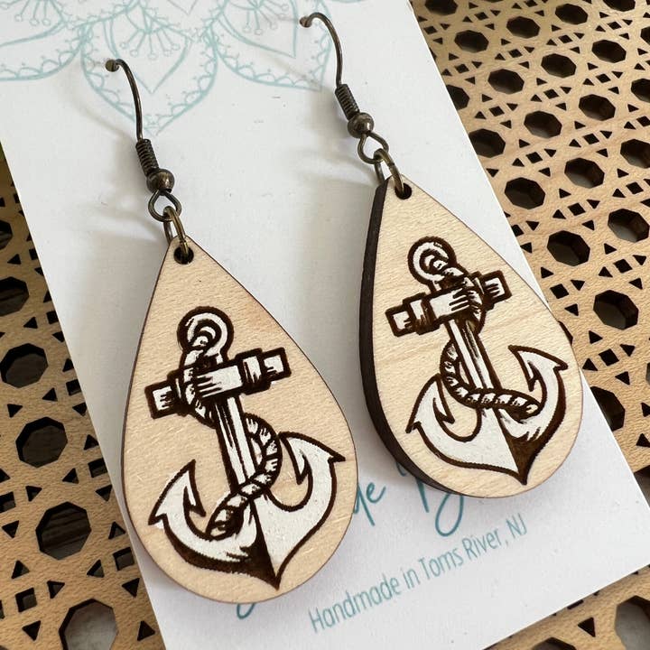 anchor lightweight wood hand painted earrings blue or white for wholesale on Faire