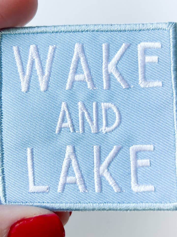 Wake and Lake Light Blue Embroidered Iron On Patch for wholesale by Field Trip Threads