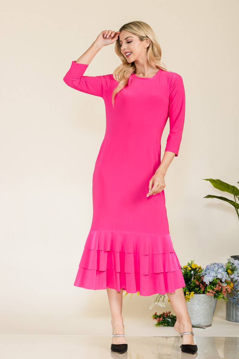 Celeste Clothing – Großhandel Kleid – Damen – Großgrößen-Midikleid mit gestuften Rüschen und 3/4-Ärmeln5