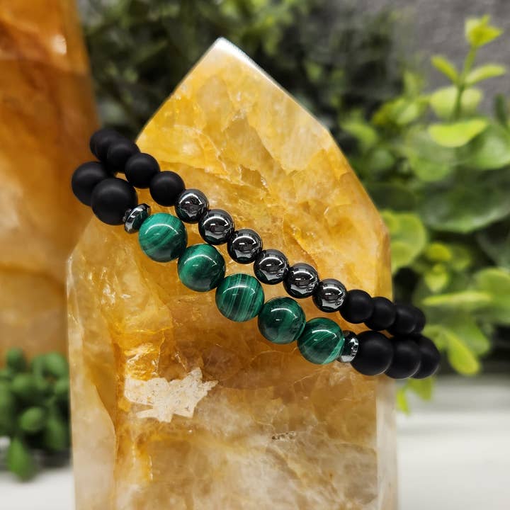 Meraki Gemstones - Venta al por mayor Pulsera de cuentas - Malaquita/hematita/obsidiana negra mate (juego de dos pulseras)