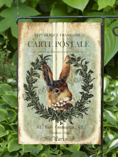 Bandera de jardín con conejo estilo postal francesa para venta al por mayor de Happy Cow Lawn Decor