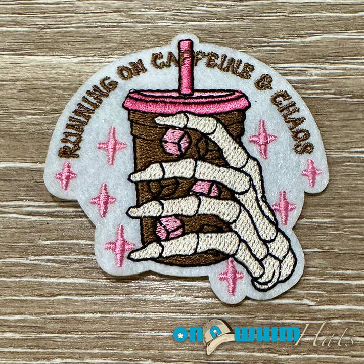 Patch brodé thermocollant "Running on Caffeine" pour la vente par On a Whim Hats