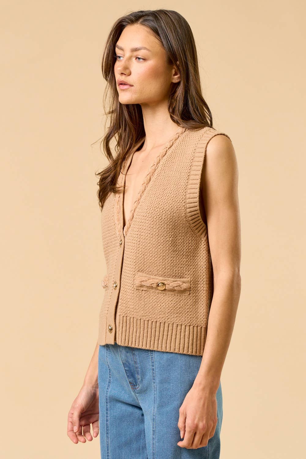 Lalavon - Vente Pull sans manches – femme - Gilet sans manches à boutons dorés ILT57643