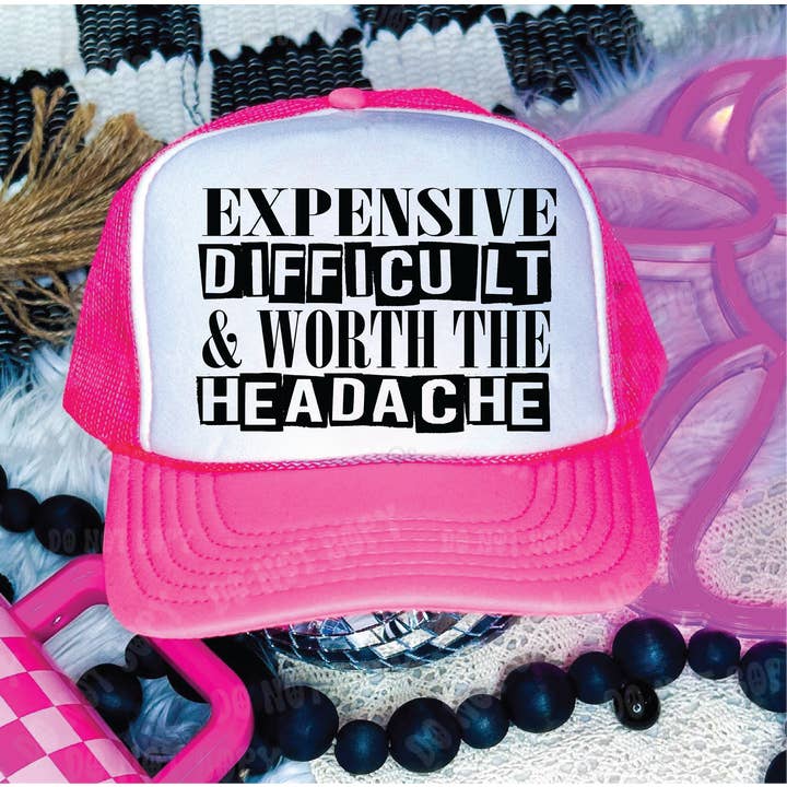 Costoso Difficile & Vale Il Mal di Testa Cappello Trucker Stampato DTF Neon Rosa & Bianco per la vendita all'ingrosso da parte di Southern Attitude Designs Inc
