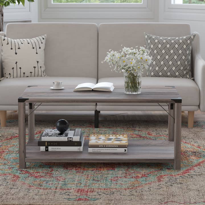 Gray Wash Coffee Table with Black Metal Accents for wholesale on Faire0