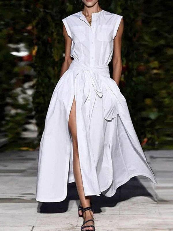 WHITE Cap Sleeve Loose Buttoned Solid Color Split-Joint Tied Waist Round-Neck Maxi Dresses Shirt Dress for wholesale on Faire