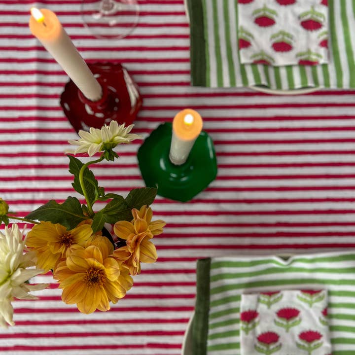 Constance & Denny - Wholesale Tablecloth - NEW RED STRIPE hand block printed tablecloth2
