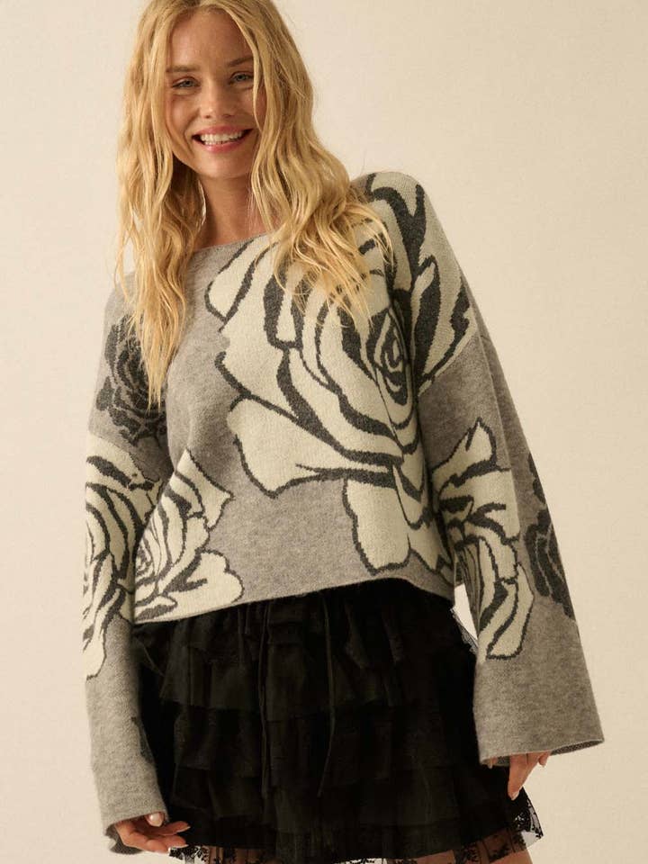 Rose Floral Jacquard-Knit Wide-Sleeve Sweater for wholesale by Promesa USA