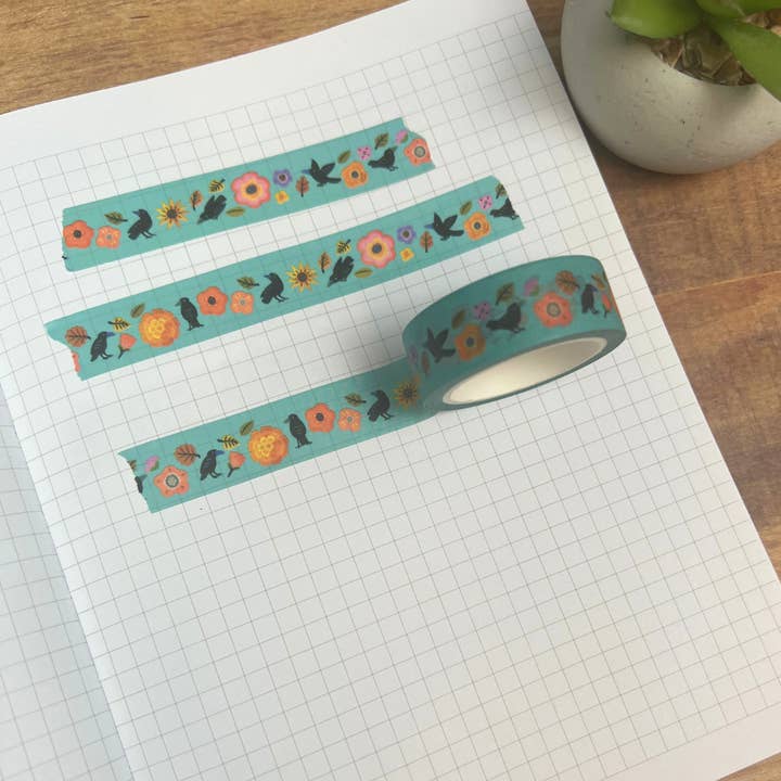 Ruban Washi Corbeaux en Fleurs pour la vente par Four Bears Sticker Club