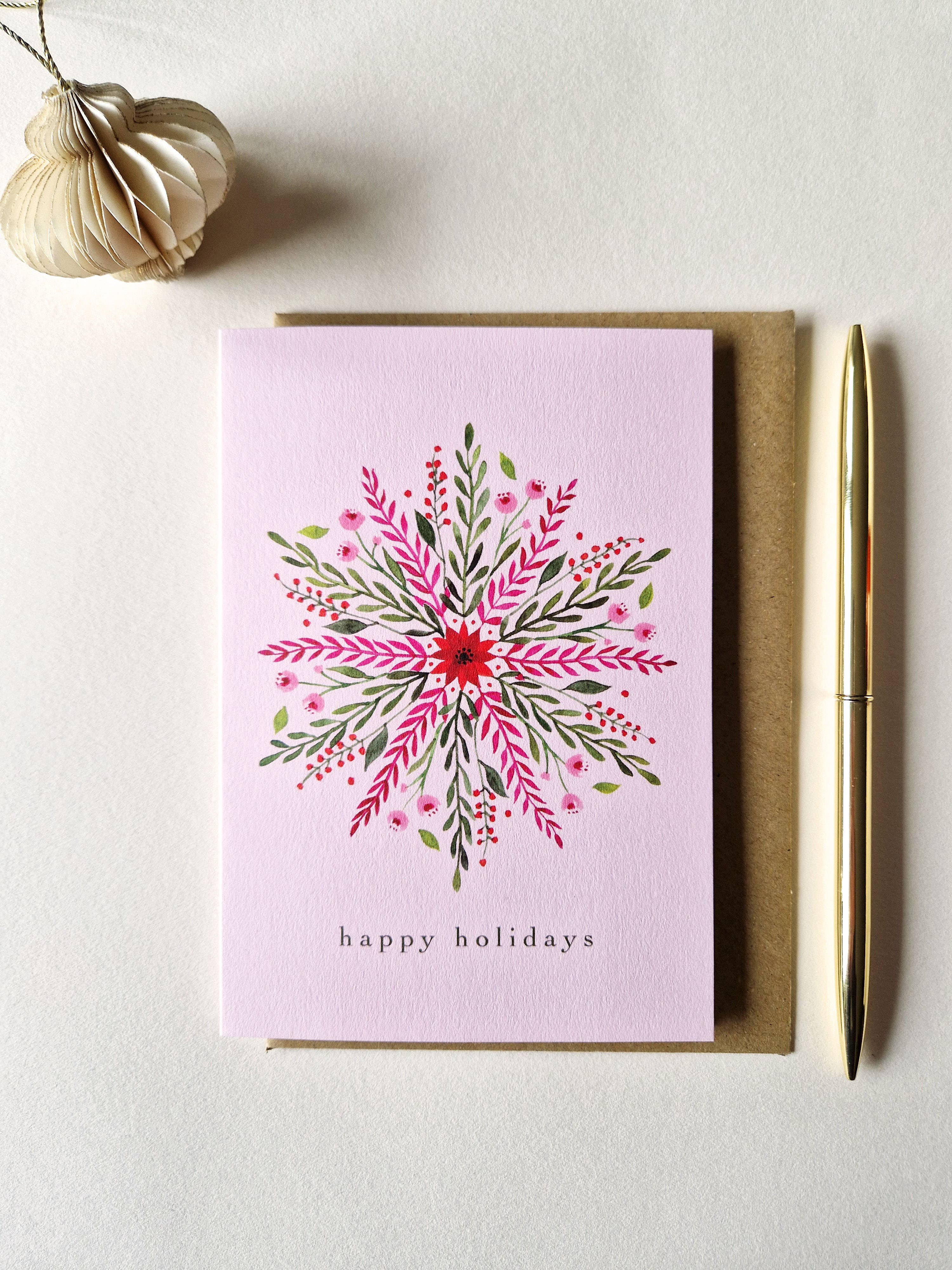 Anna Lau Art - Wholesale Season's Greetings Card - Floral Snowflake - Pink - A6 Holiday card1