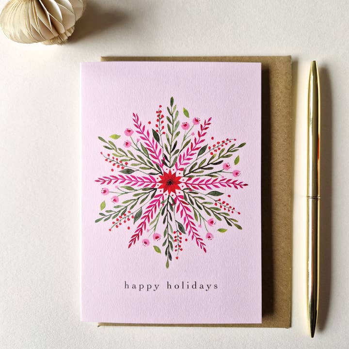 Anna Lau Art - Wholesale Season's Greetings Card - Floral Snowflake - Pink - A6 Holiday card1