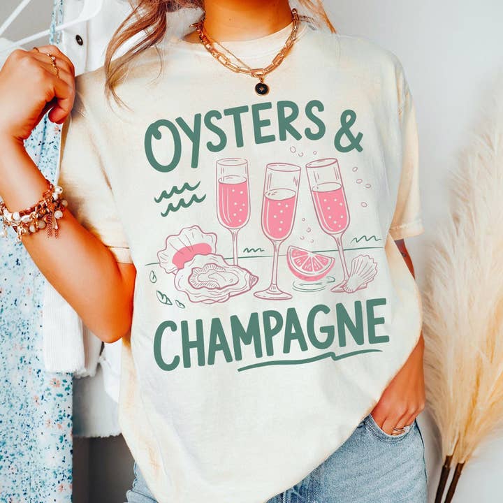 Camisola Coquette Oysters & Champagne, Camisola de Praia Seashell por atacado de NVC Ecommerce LLC