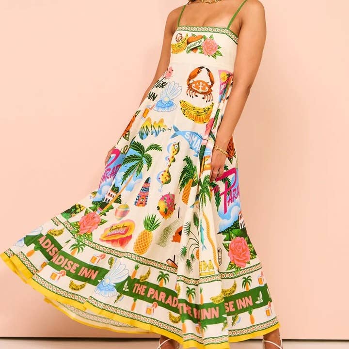 Suspender maxi dress graffiti print swing dress beach dress for wholesale by Little Trendy
