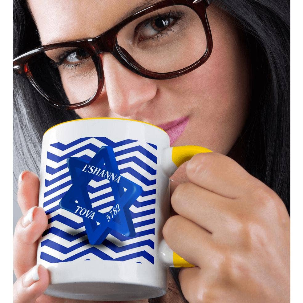 3dRose - Wholesale Coffee Mug - 3dRose, Image of Bright Blue Jewish Star With L Shana Tova on Blue Chevron, Mug1