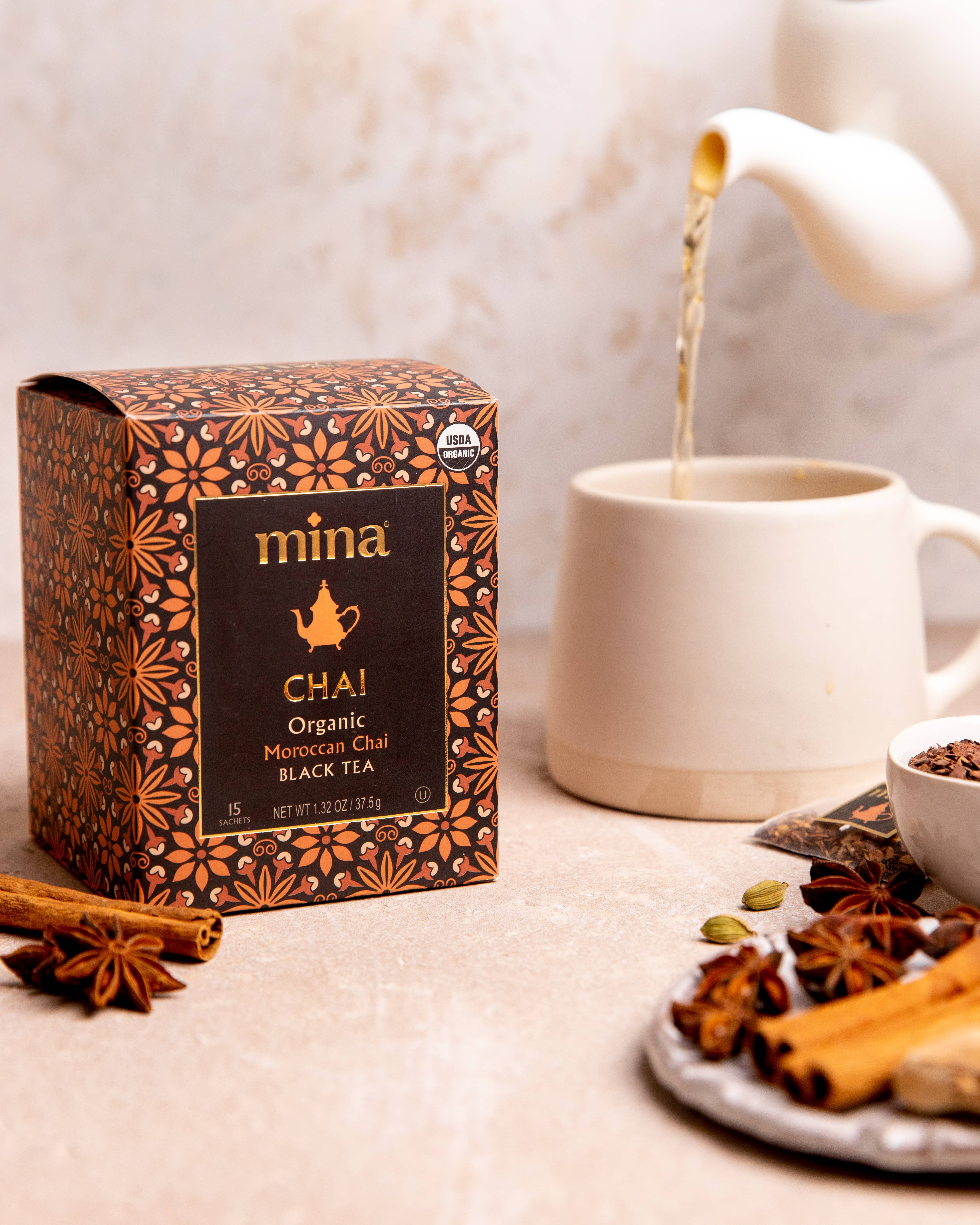 Mina - Vente Sachets de thé - Thé noir Chai marocain biologique Chai 15ct5