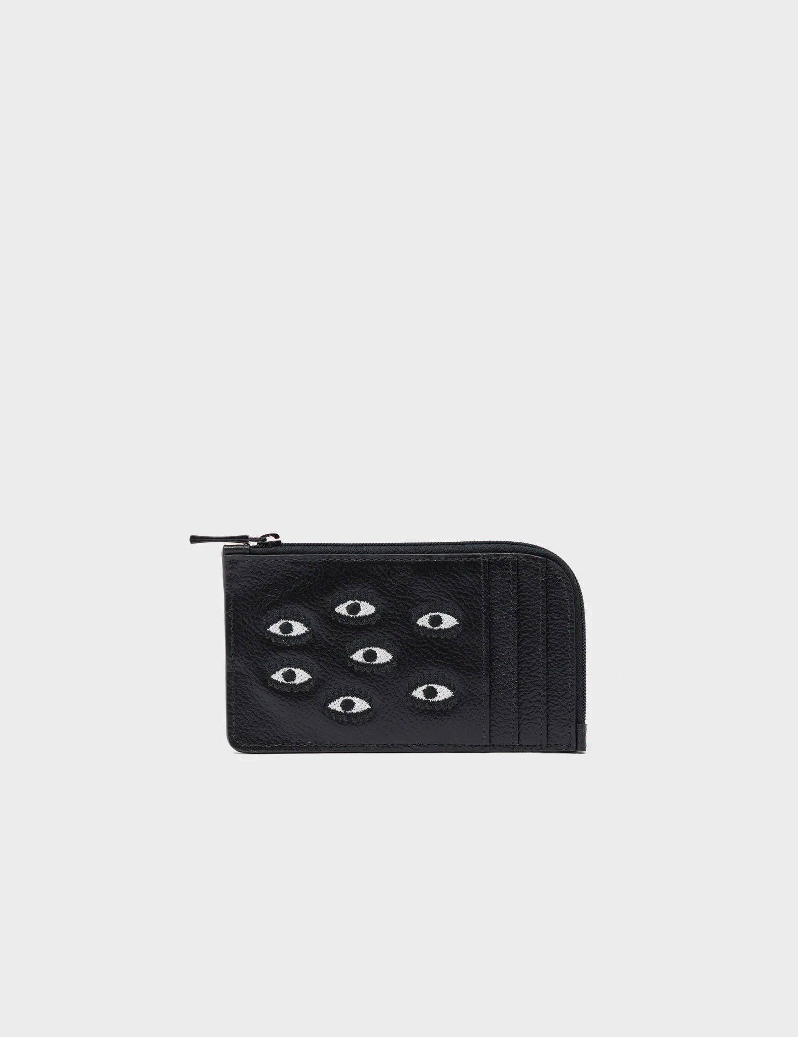Min & Mon - Wholesale Card Holder - Women's - Fausto Black Leather Zip-around Cardholder - All Over Eyes Embroidery1