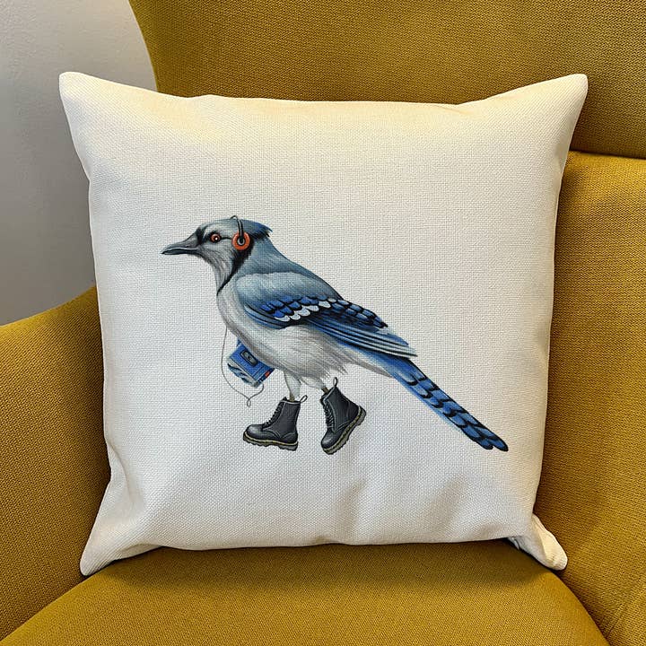 PIllow cover - Blue-Jay wearing boots for wholesale by Sardines Studio