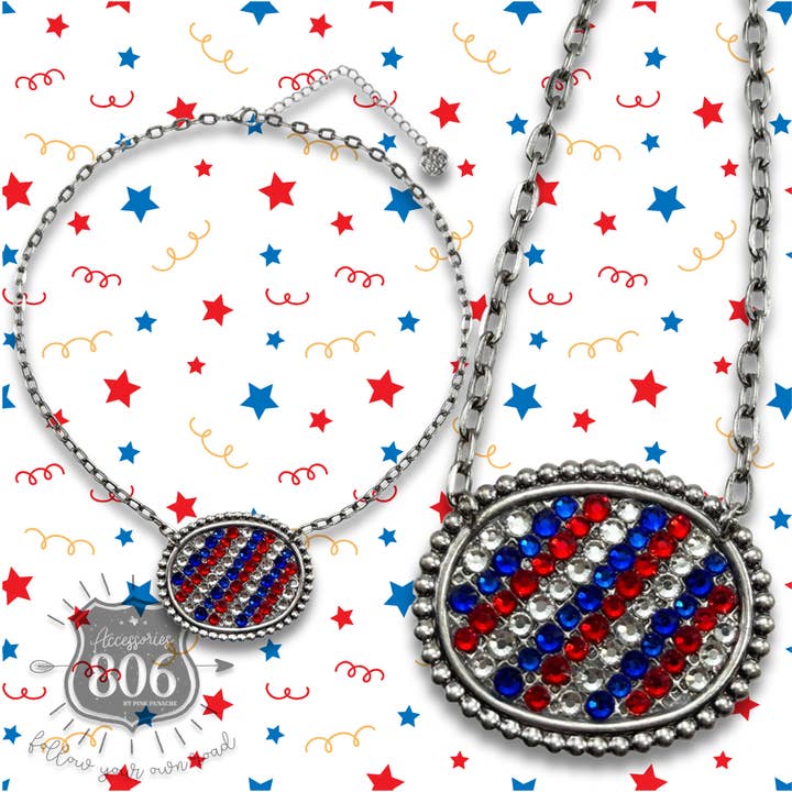 Patriotic oval rhinestone necklace for wholesale by Pink Panache Brands