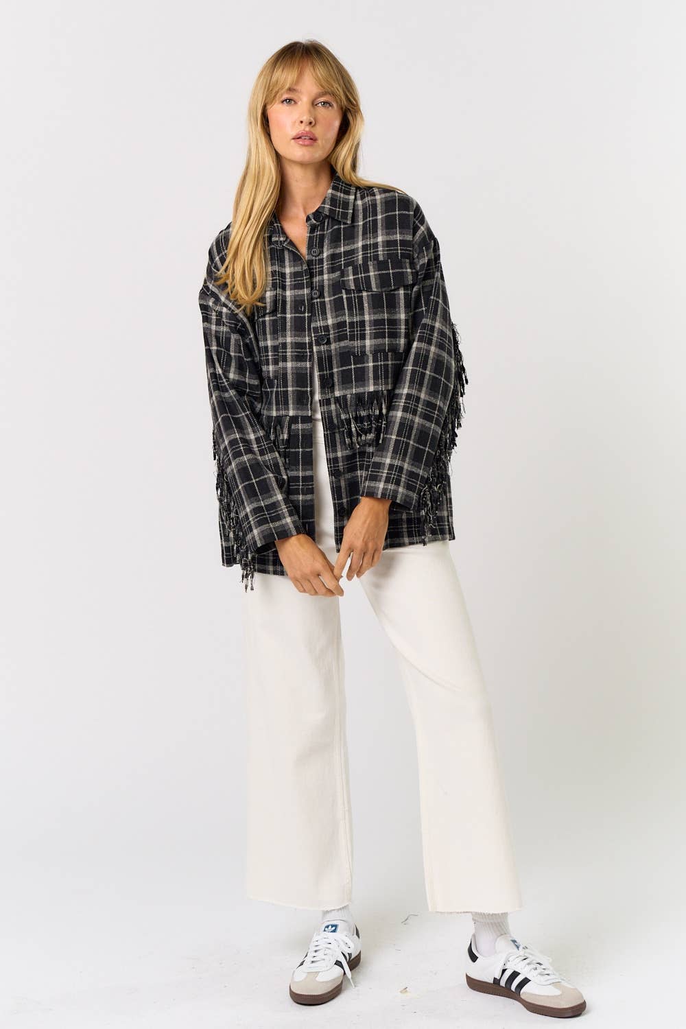 Lalavon - Wholesale Button Down Shirt - Women's - ILT1505 Plaid button up w/ fringe detail7