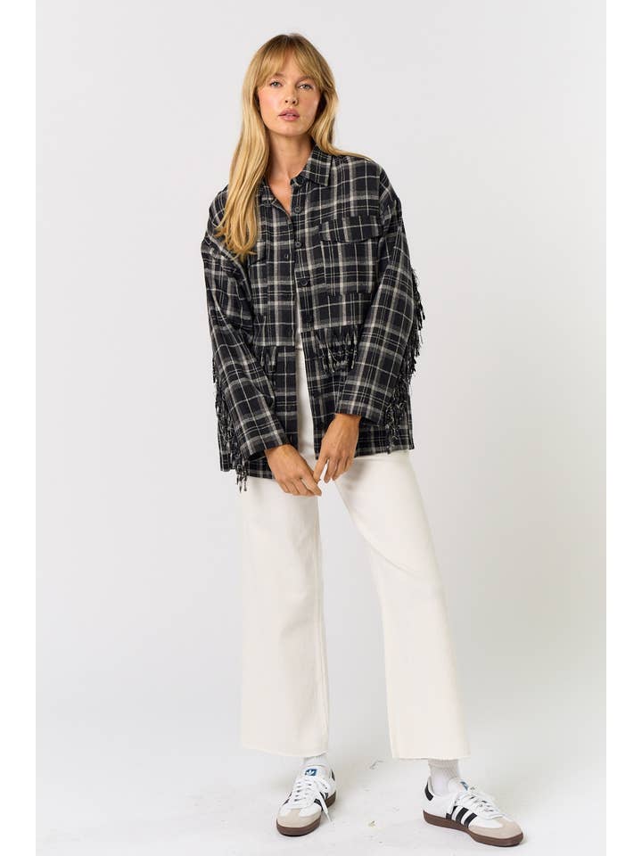 Lalavon - Wholesale Button Down Shirt - Women's - ILT1505 Plaid button up w/ fringe detail7