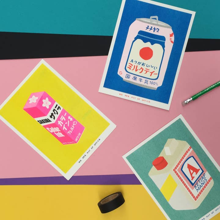 We are out of office - Wholesale Art Print - A risograph print of a japanese can of milky tea