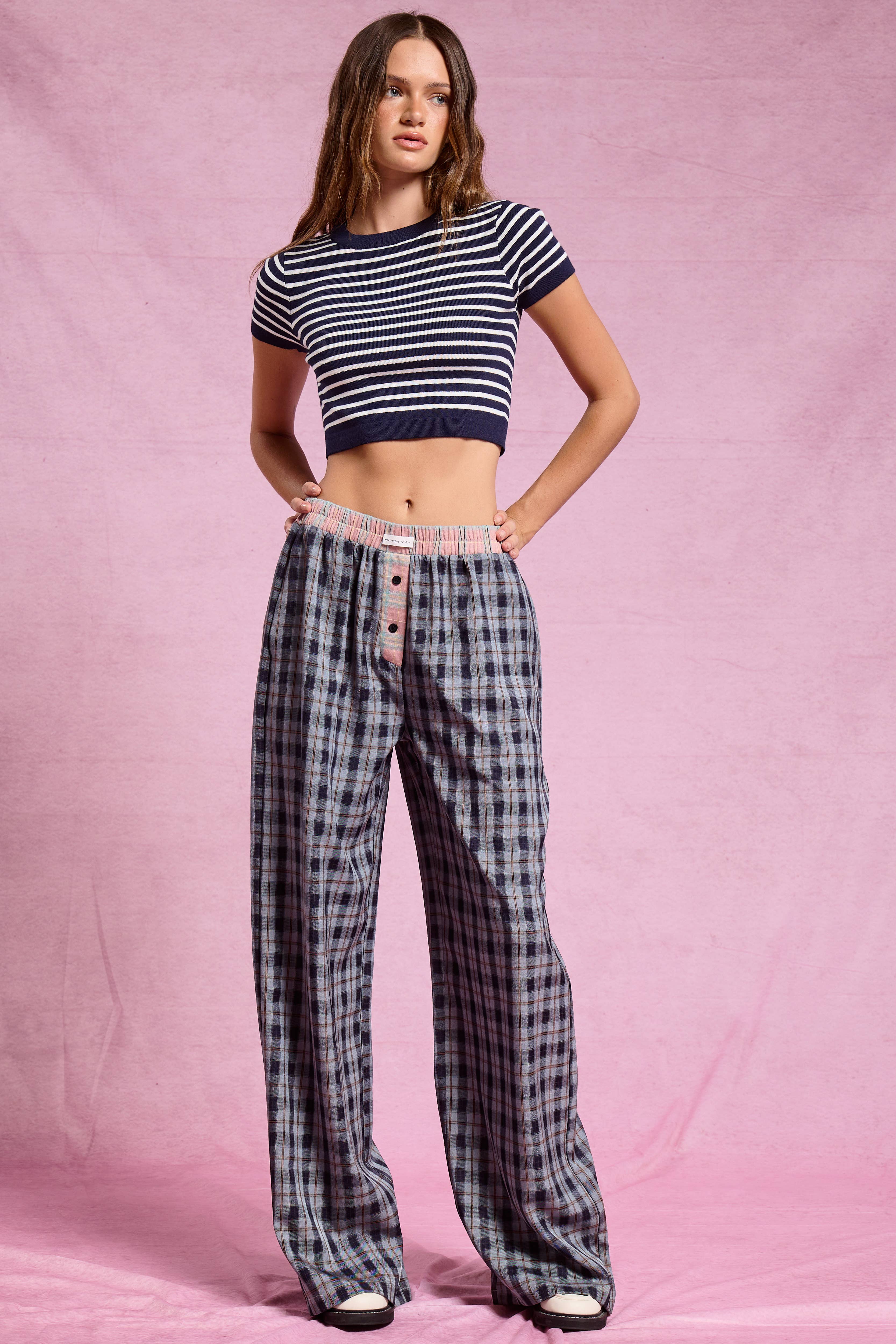 Mimosa - Vente Pantalon – femme - Pantalon boxeur à carreaux avec ceinture contrastante1