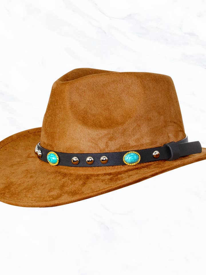 Suede Regular Cowboy Fedora with Turquoise Belt for wholesale by Suzie Q USA