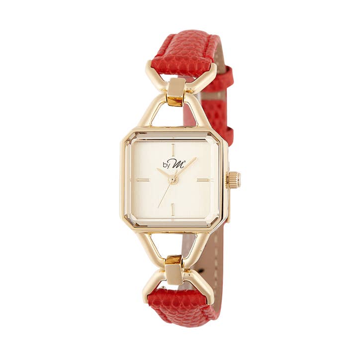 Vintage-Inspired Gold Square Watch – Red Leather Strap for wholesale by by M degrees