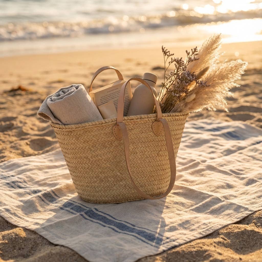 Melecraft - Wholesale Beach Bag - French Market Basket Straw Tote - Double Leather Handles6