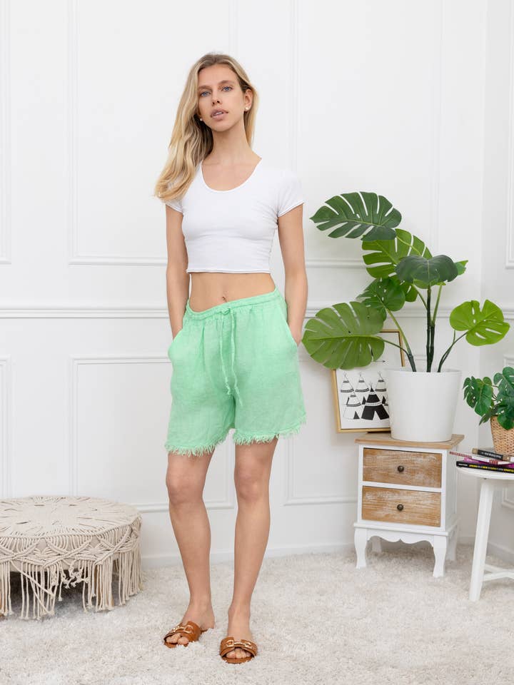 Destroyed Leinen-Shorts mit Taschen, einfarbig für den Großhandel von Happy look