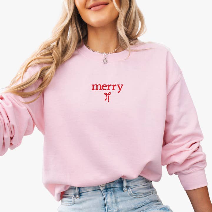 P E T I T R U E - Wholesale Graphic Sweatshirt - Women's - Embroidered Christmas Sweatshirt Holiday Crewneck Merry Bow