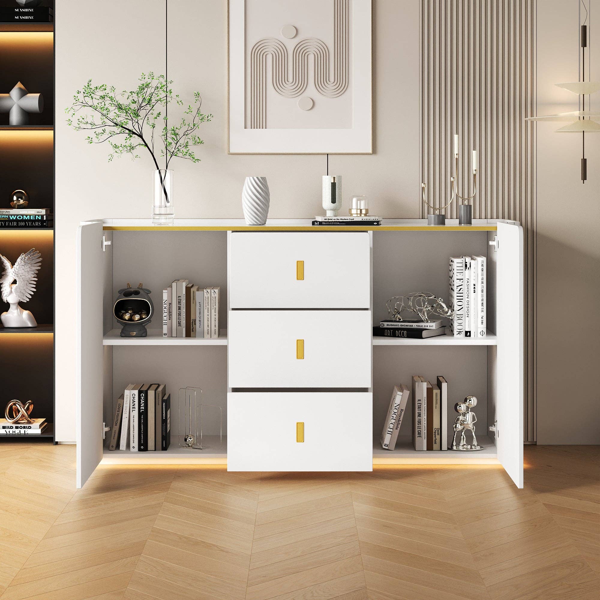 Urban Meuble – Aparador por atacado – Buffet branco elegante 2 portas, 2 gavetas com iluminação LED 150*35*80cm KRAUDREL5
